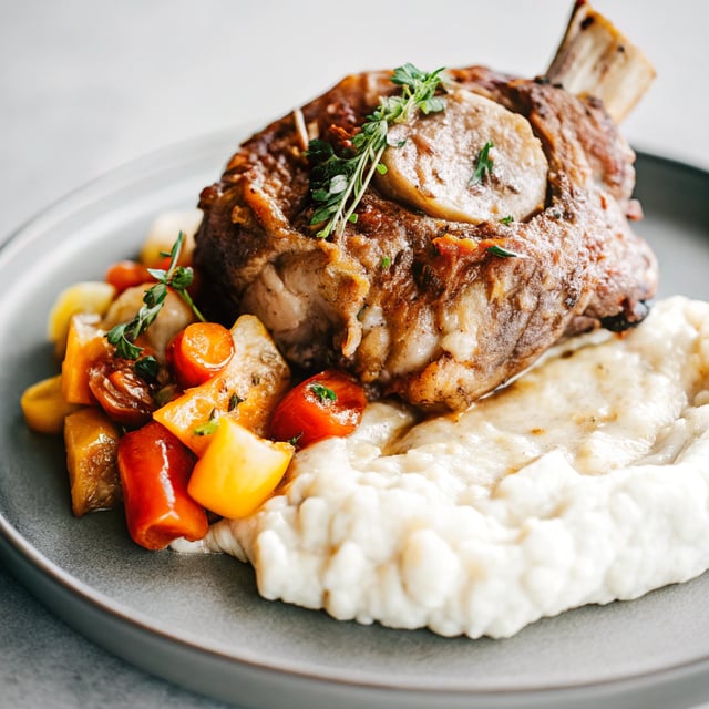 Pork Shank Osso Bucco with Cauliflower Puree and Spicy Ratatouille