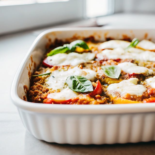 Ratatouille Quinoa Bake with Pesto and Buffalo Mozzarella