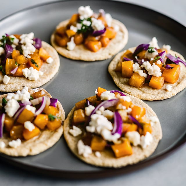 Roasted Butternut Squash Tostadas with Hummus, Caramelized Onions, and Goat Cheese