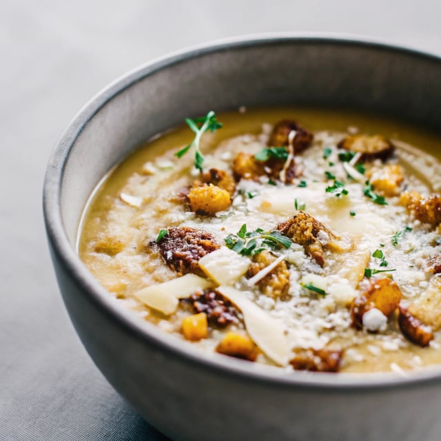 Roasted Cauliflower Soup with Parmesan, Toasted Almonds and Golden Raisins
