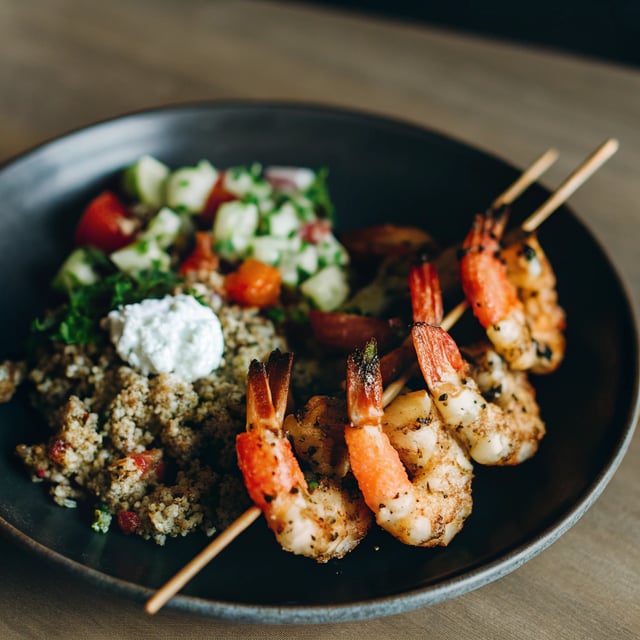 Smoky Paprika Shrimp with Quinoa Tabbouleh and Garlic Yogurt Sauce