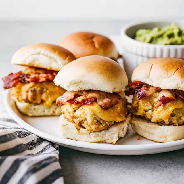 Spicy Pulled Chicken Sliders with Bacon Queso Guacamole