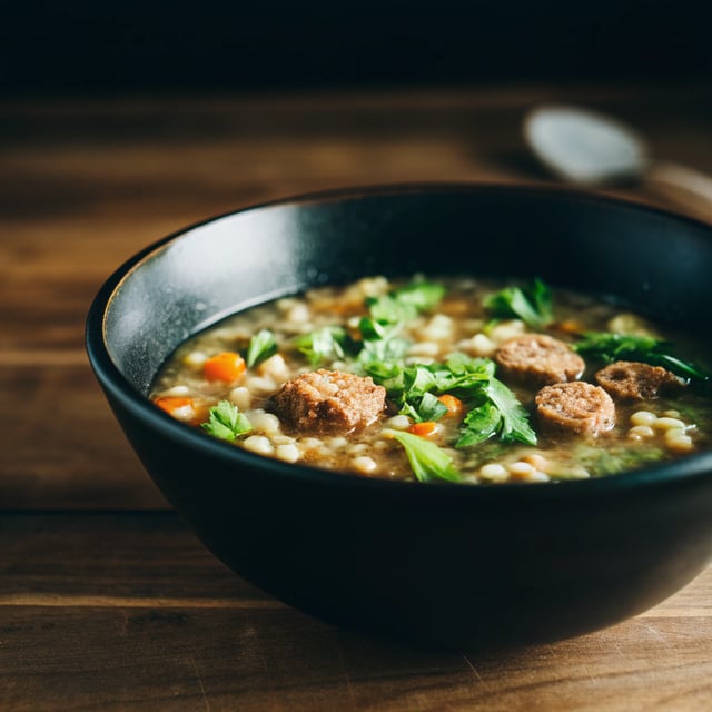 Spring Vegetable Soup with Farro and Chicken Sausage
