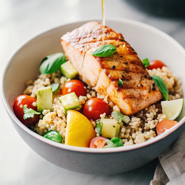 Summer Quinoa Bowl with Grilled Salmon and Basil Vinaigrette