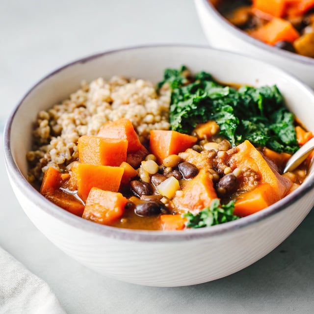 Sweet Potato and Black Bean Stew with Quinoa and Kale