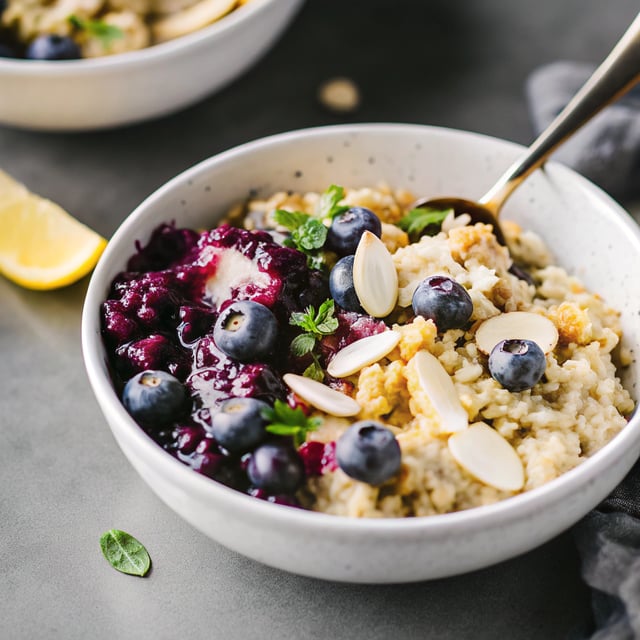 Vegan Lemon Breakfast Quinoa Toasted Almonds and Blueberry Compote