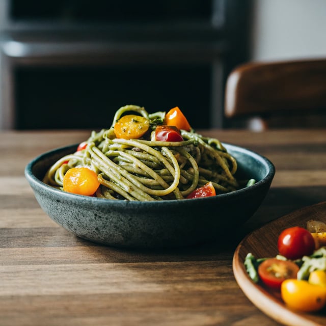 Bucatini with Arugula Pesto and Heirloom Tomatoes