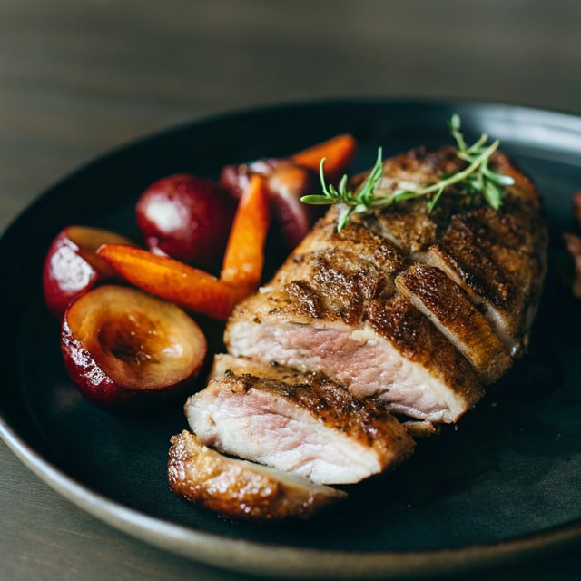 Crispy Skinned Duck Breast with Roasted Plums