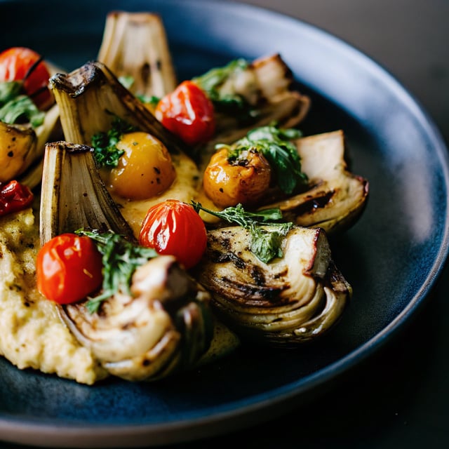 Grilled Artichokes & Polenta w/ Blistered Tomatoes and Pesto