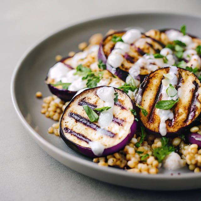 Grilled Eggplant Salad with Freekeh and Yogurt Dressing