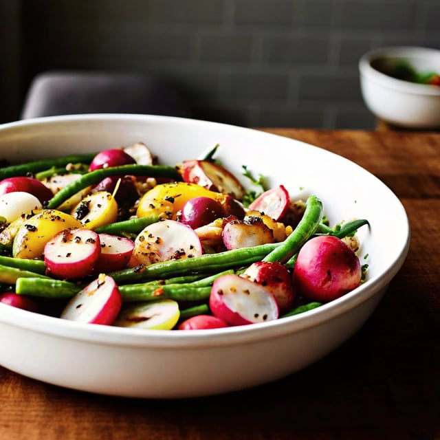 Grilled Radishes with Sweet Onions, Green beans and Tarragon (Serves 4 as a vegetable side dish)