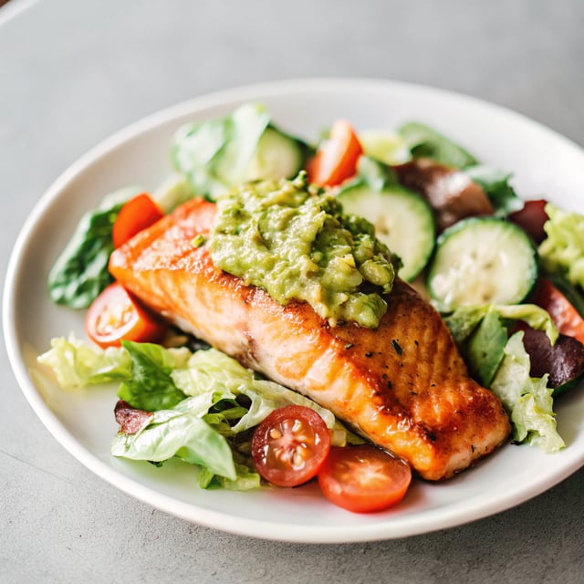 Grilled Salmon Salad with Avocado Cucumber Salsa