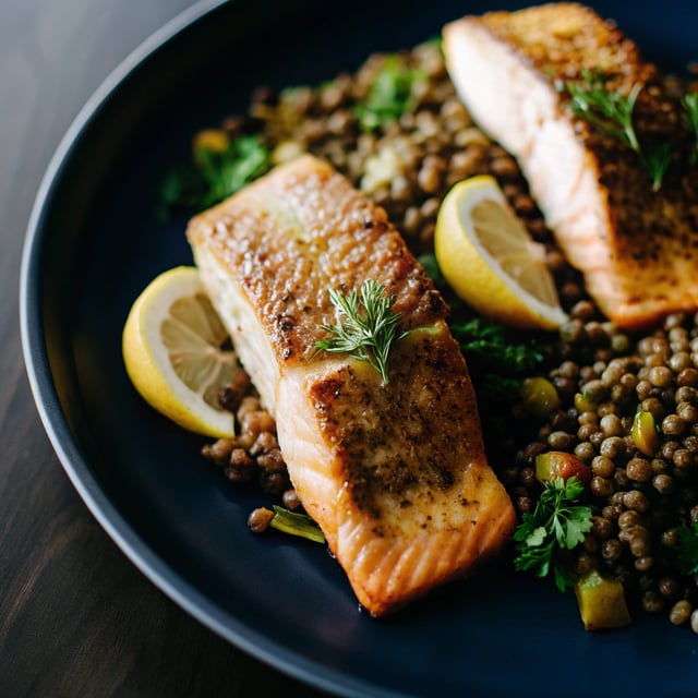 Roasted Salmon with Braised Lentils