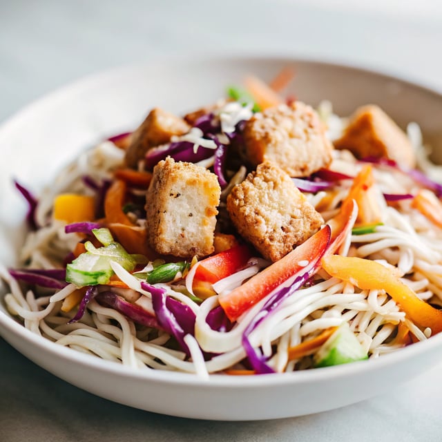 Sesame Cabbage Rice Noodle Salad with Crispy Tofu ( or chicken)