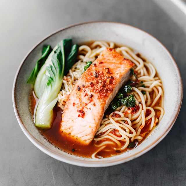 Spicy Miso Ramen with Chili Roasted Salmon and Bok Choy