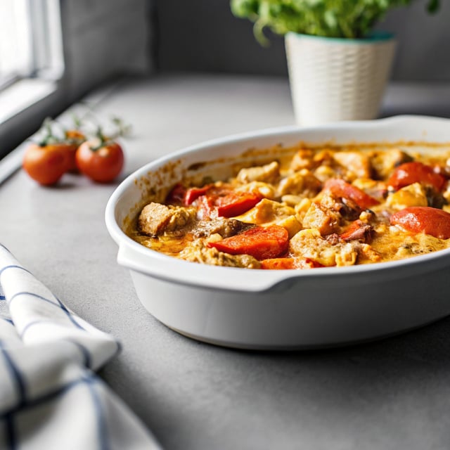 Schnelle Hähnchen-Paprika-Pfanne mit Tomaten und Sahne-Sauce