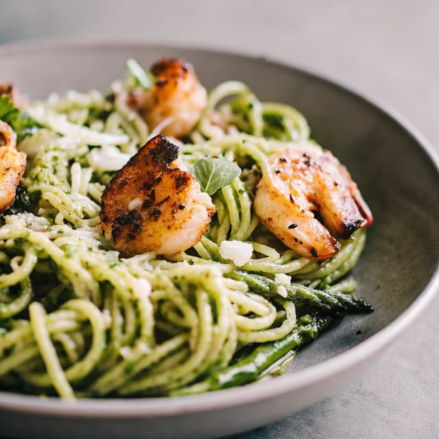 Asparagus-Spinach Pesto Pasta with Blackened Shrimp