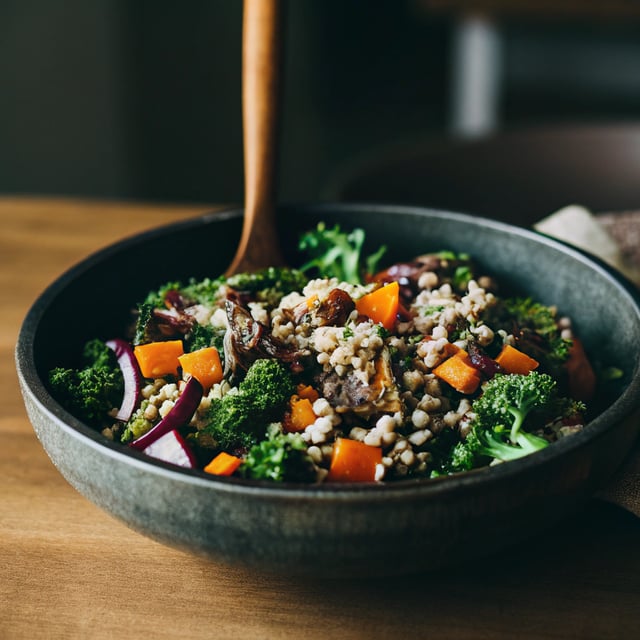 Autumn Kale Salad with Sweet Potatoes, Broccoli and Brown Rice