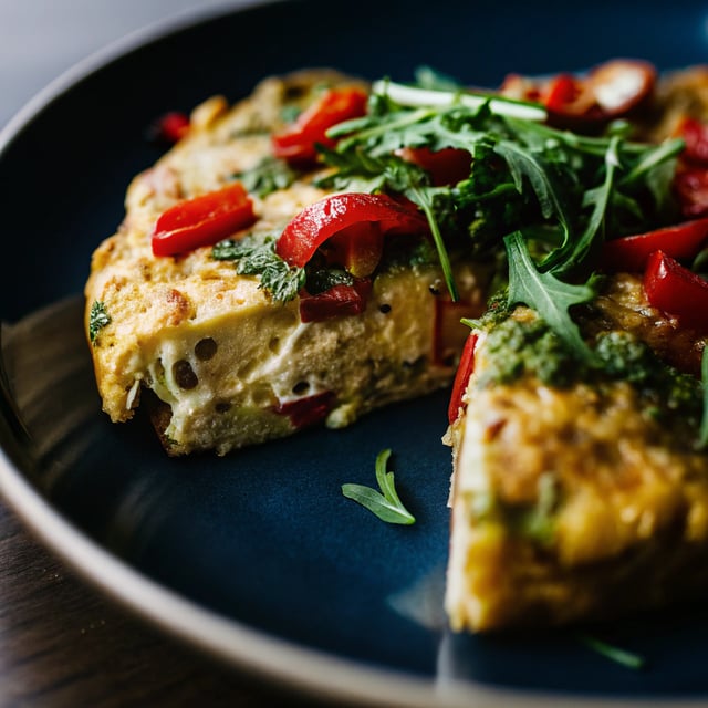 Baked Frittata with Roasted Red Peppers, Arugula and Pesto