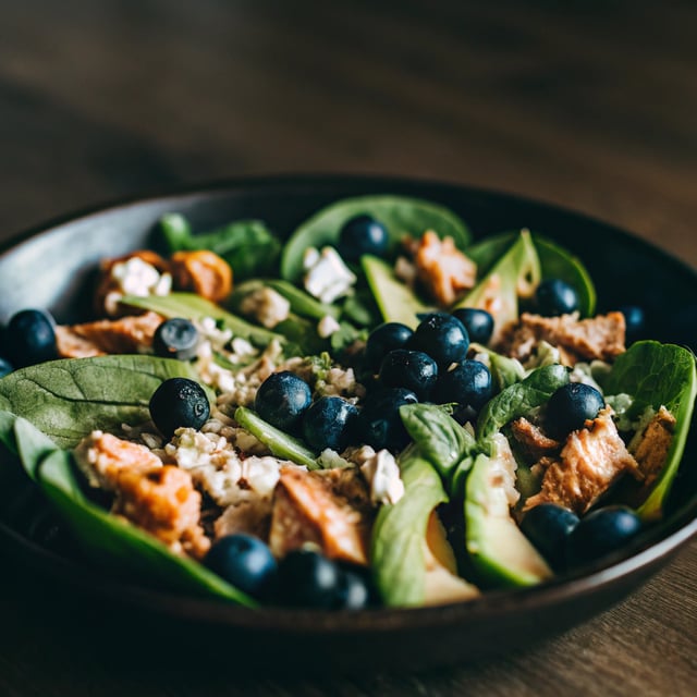 Brain Power Salad (Spinach Salad with Salmon, Avocado and Blueberries)