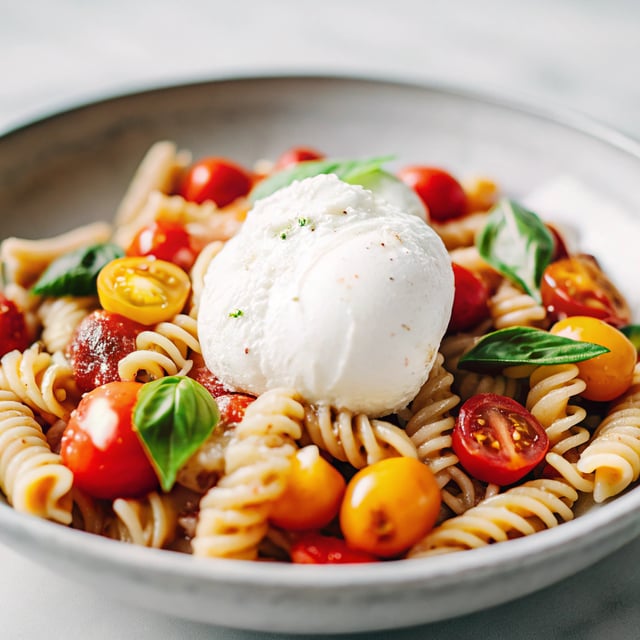 Pasta with Burst Cherry Tomatoes, Burrata and Basil