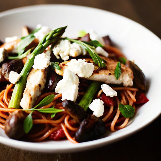 Pasta With Goat Cheese, Chicken, Asparagus and Mushrooms