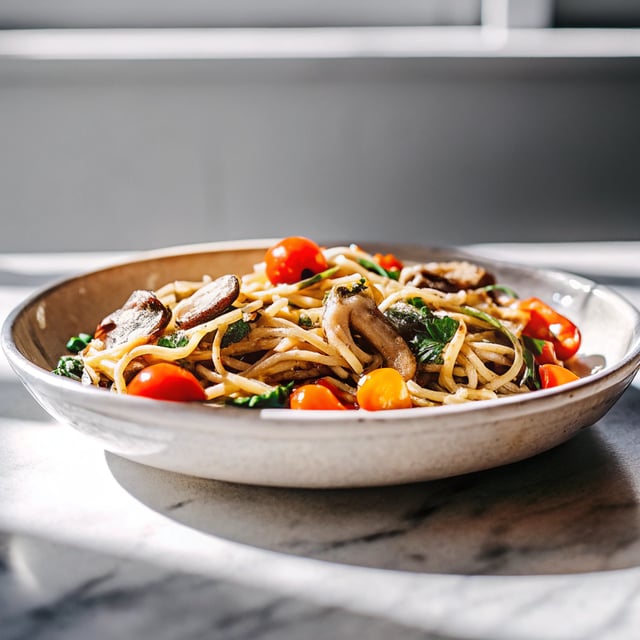 Pasta with Mushrooms, Tomatoes & Spinach