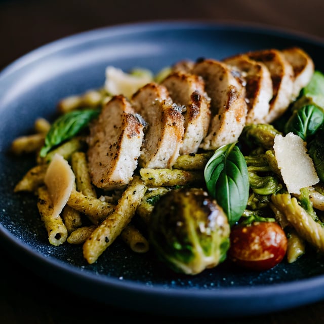 Pesto Pasta With Chicken Sausage and Roasted Brussels Sprouts