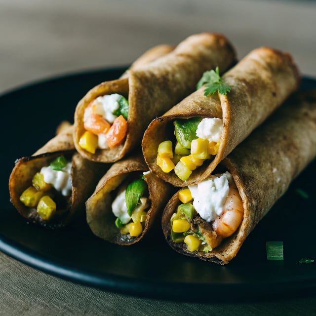 Shrimp, Avocado and Roasted Corn Baked Taquitos