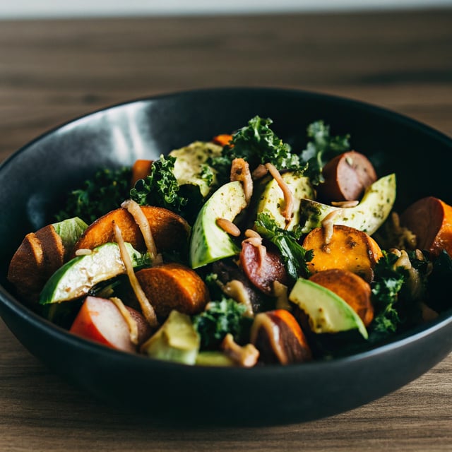 Sweet Potato Avocado Kale Salad with Chipotle Tahini Dressing