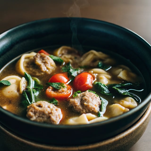 Tortellini Soup with Italian Sausage, Spinach and Tomatoes