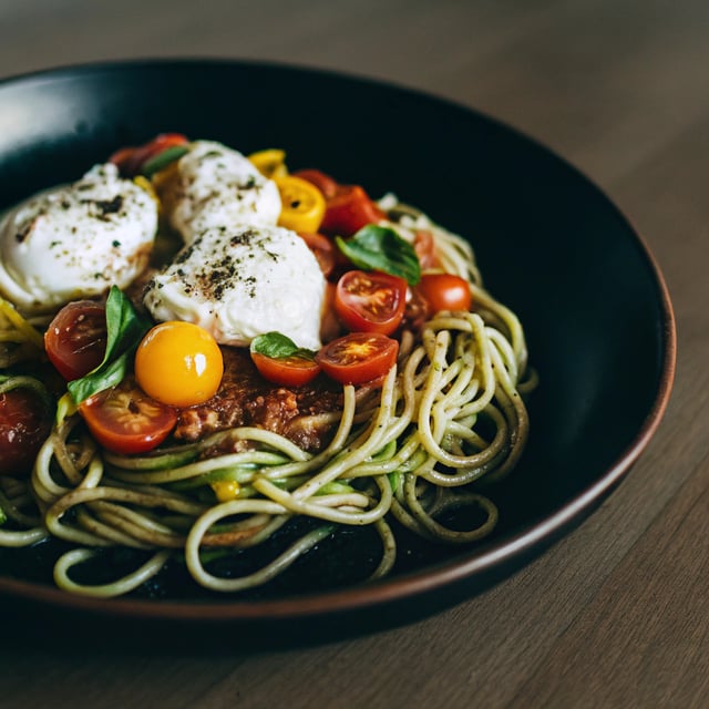 15-Minute Zucchini Pasta w/ Poached eggs and Quick Heirloom Cherry Tomato Basil Sauce.