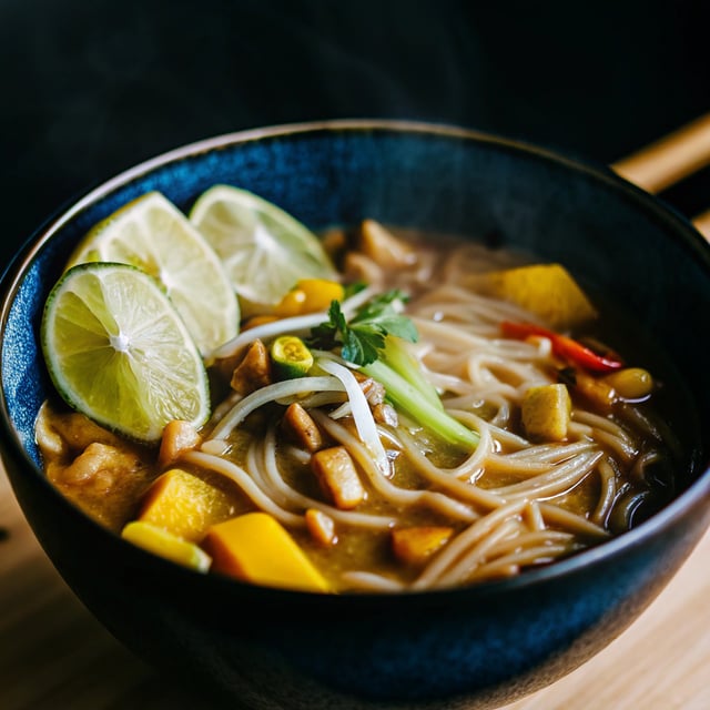 20 minute peanut noodle soup with lime mango