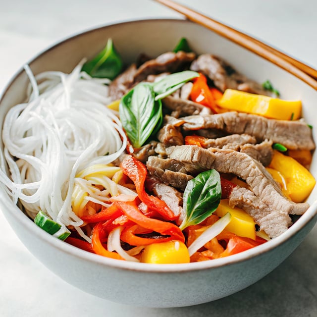 30 Minute Asian Basil Beef and Mango Noodle Salad.