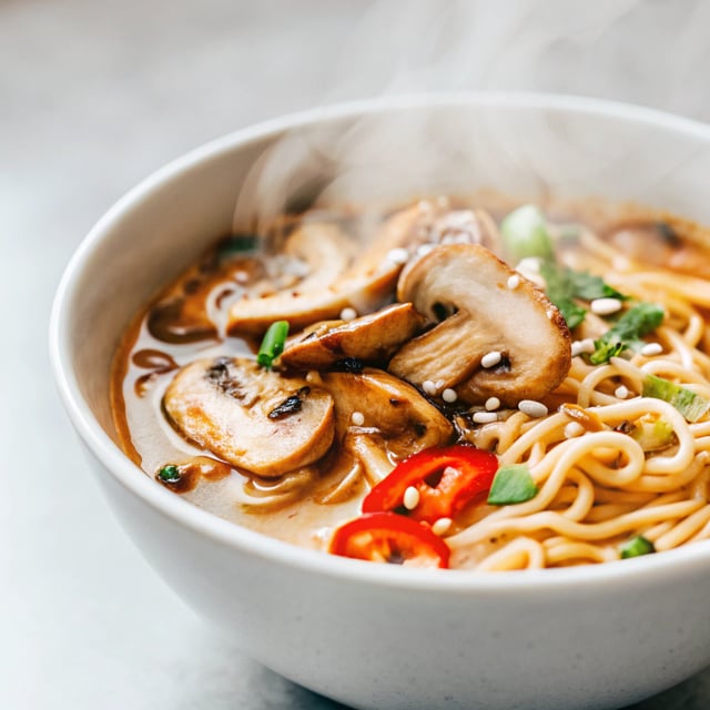 30 Minute Creamy Sesame Miso Ramen with Crispy Mushrooms.