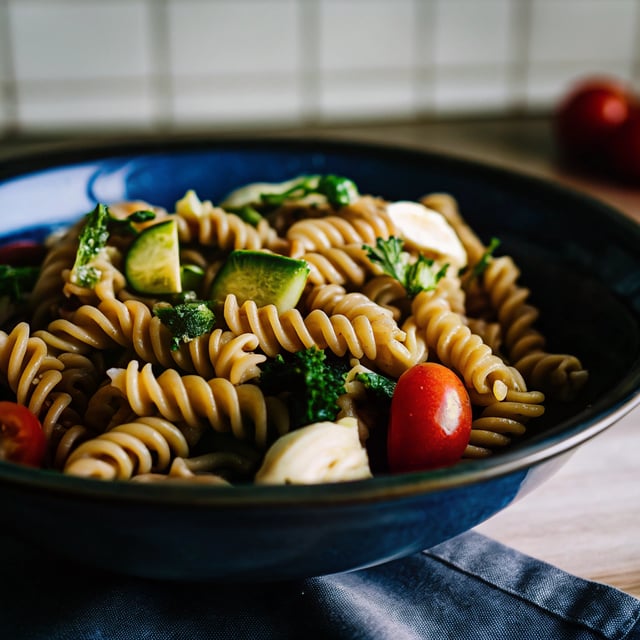 Avocado Caprese Pasta with Grilled Broccoli Rabe.