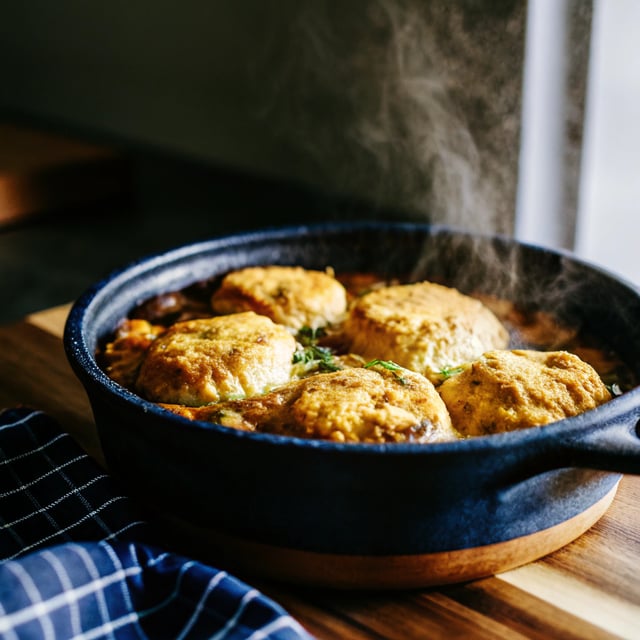 Beer Braised Chicken Pot Pie with Cheddar Biscuits.