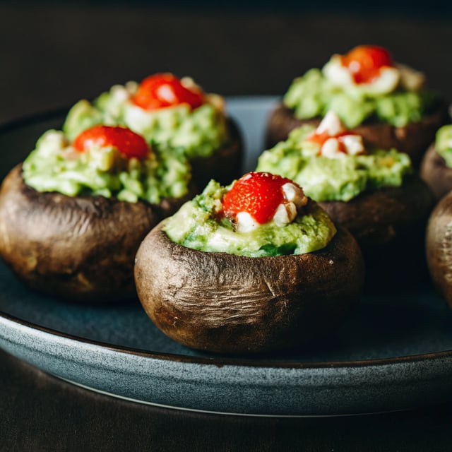 Blue Cheese Guacamole Stuffed Mushrooms with Buffalo Sauce