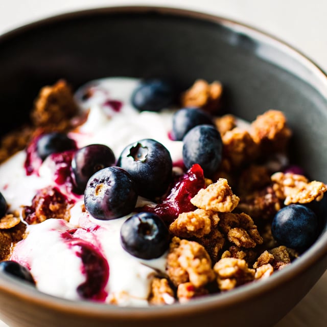 Blueberry Muffin Granola Greek Yogurt Breakfast Bowl.