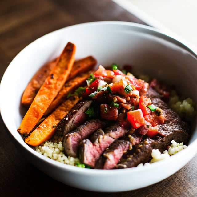 Brazilian Steak and Grilled Sweet Potato Fry Quinoa Bowl with Spicy Coconut Tomato Sauce.