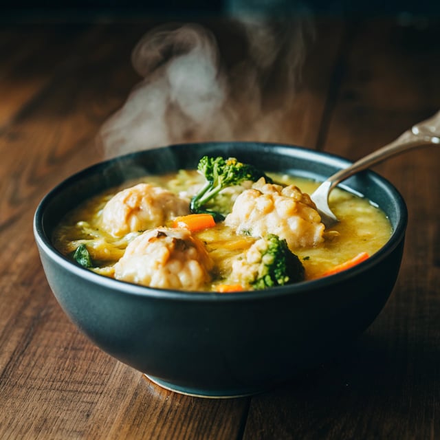 Broccoli Cheddar Chicken and Dumpling Soup.