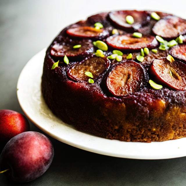 Brown Butter Plum Up-Side Down Yogurt Cake with Pistachios.