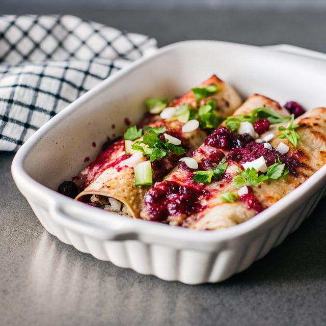 Brown Sugar Roasted Chicken Enchiladas w/Fire Roasted Tomatillo-Cranberry Sauce.