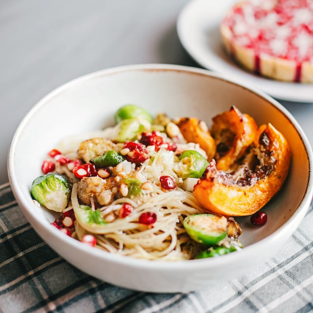 Brussels Sprout Carbonara with Chile Pomegranate Roasted Squash.