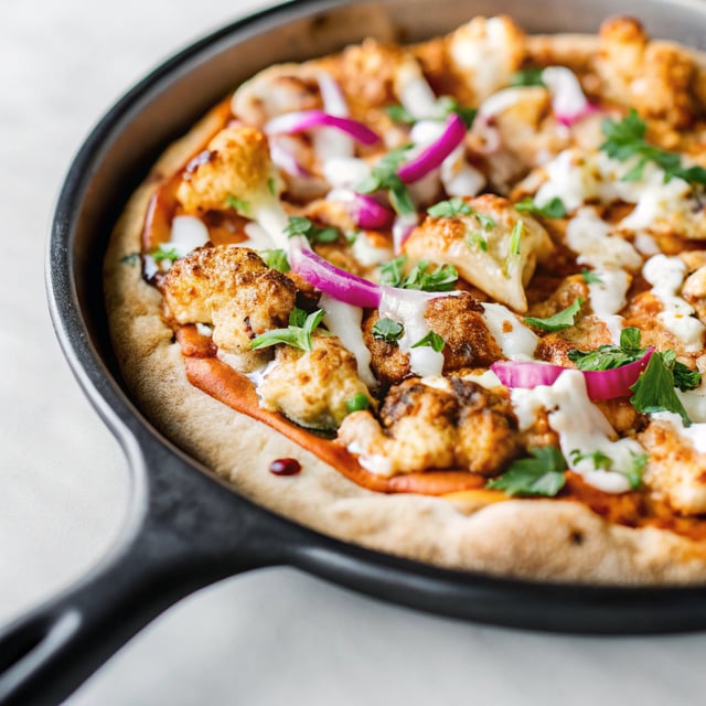 Buffalo Roasted Cauliflower Skillet Pizza with Chipotle Blue Cheese Avocado Drizzle.