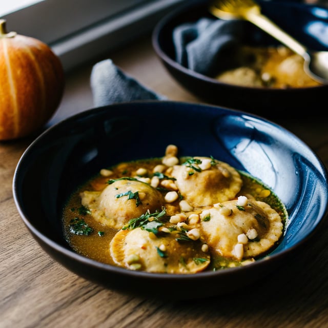 Butternut Ravioli in Garlic Parmesan Broth and Hazelnut Pesto