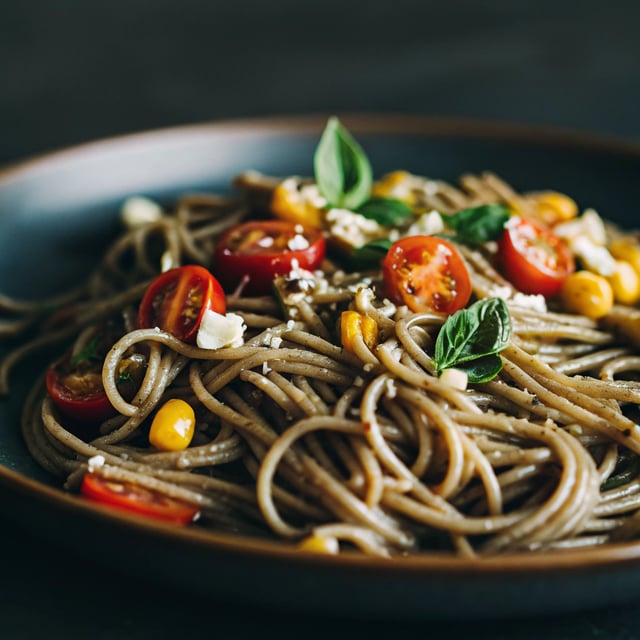 Charred Tomato and Corn Pesto Pasta.
