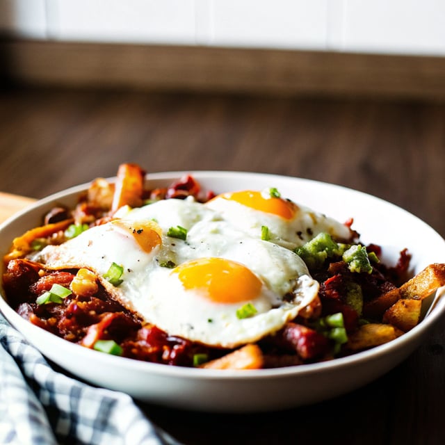 Cheesy Cajun Fries with Cajun Guacamole, Bacon and Fried Eggs