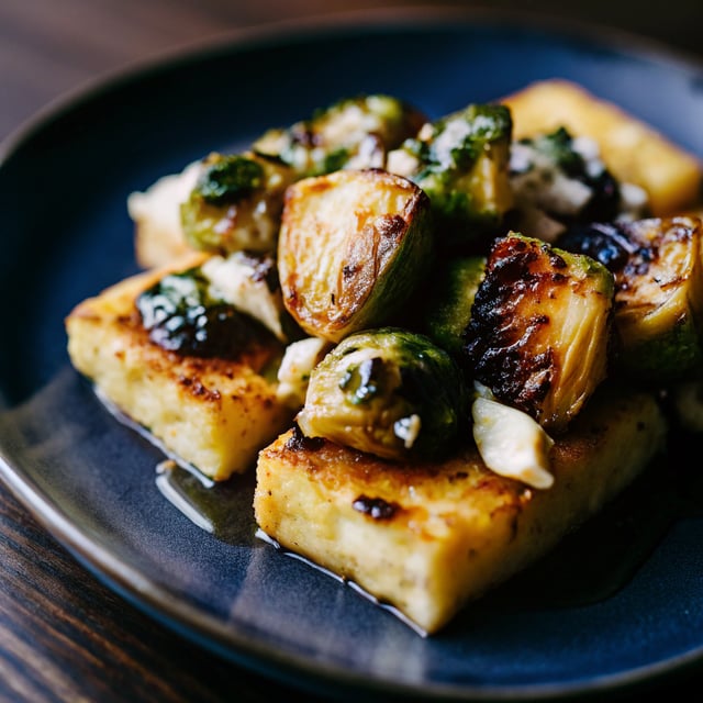 Cheesy Fried Polenta w/Pan Roasted Balsamic Brussels Sprouts + Roasted Garlic Sage Oil.