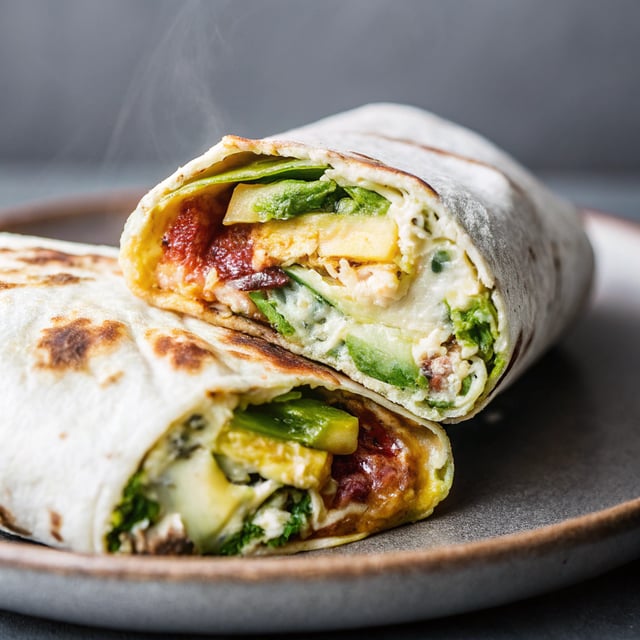 Cheesy Pesto Avocado Bacon Breakfast Burrito